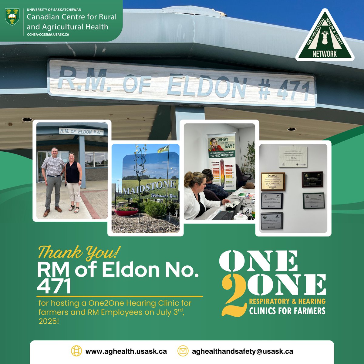 SaskAgSafety's tweet image. Thank you to the RM of Eldon #471 for hosting us and our One2One Hearing Clinics for farmers and RM Employees last Thursday! Always a pleasure being in the community and connecting with everyone! 🧑🌾👂🚜 #HearingHealth #SaskAg #AgHealthandSafety
@USaskCCRAH