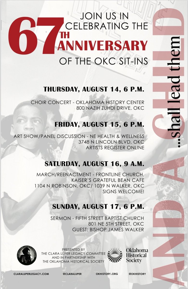 ClaraLuper's tweet image. The Clara Luper Legacy Committee is celebrating the 67th Freedom Fiesta, Aug 14-17. 
Questions? claraluperlegacy@gmail.com 
#okc #history #anniversary #claraluper