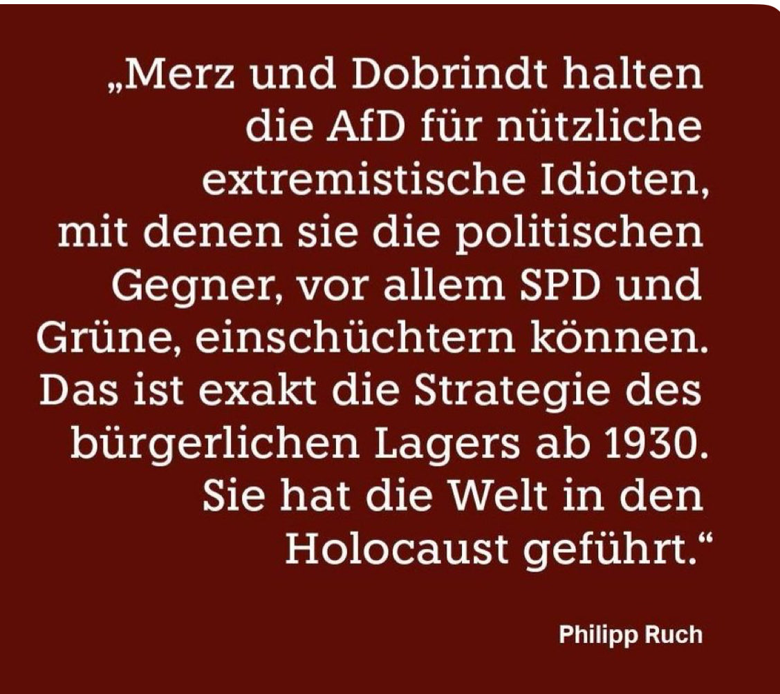 🥸 Wer die Geschichte kennt, weiß: Der Holocaust begann nicht mit Gaskammern. Er begann mit dem Wegsehen, dem Taktieren, dem „Man wird sie schon zähmen können“ – und mit der bewussten Duldung von Hass, solange er sich gegen die „richtigen“ Gegner richtete. #AFD