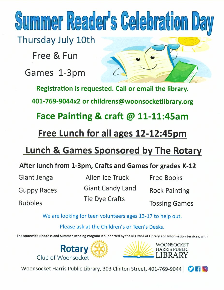 Our kickoff to summer reading is this Thursday. Due to potential weather conditions many of our games, crafts and food will be inside. Alien Ice food truck and Tie Dye will be outside. 11-11:45 facepainting; 12-1 is lunch sponsored by the Rotary; 1-3 is games &amp; crafts.