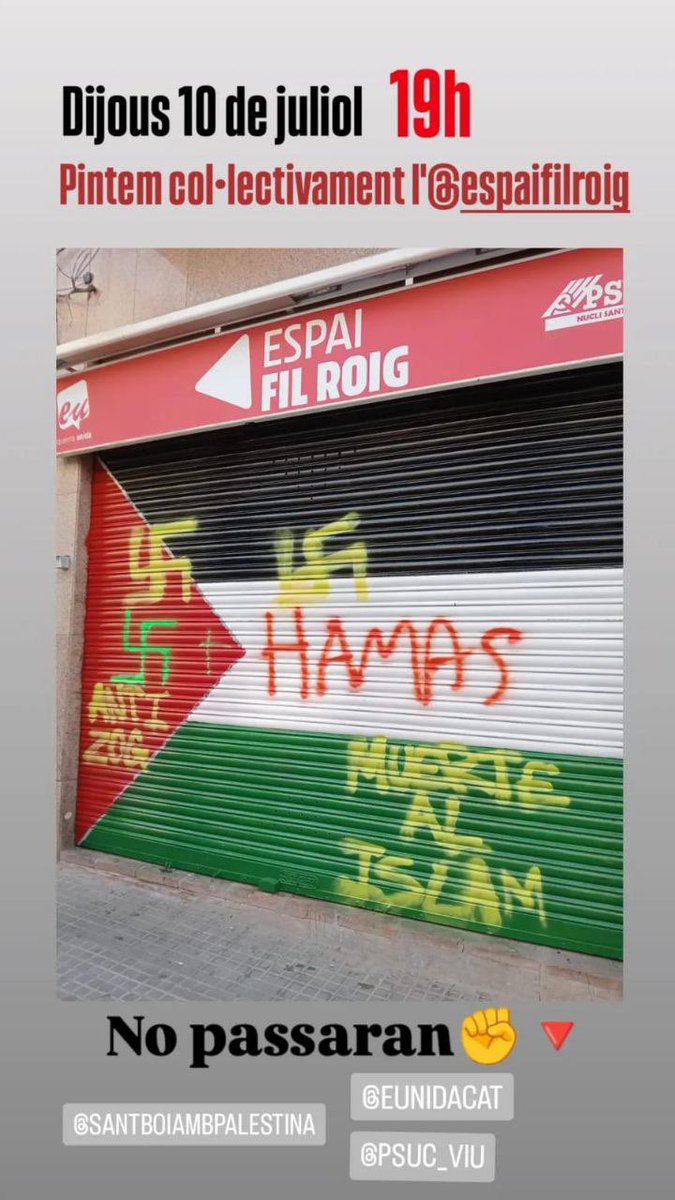Manu Pineda🔻 (@manupineda) on Twitter photo Es un orgullo formar parte de organizaciones que son atacadas por lo peor de esta sociedad: nazis, fascistas y sionistas (disculpad el pleonasmo).
La sede de Sant Boi ha sido atacada por tercera vez. Y por tercera vez la volveremos a pintar. Las veces que haga falta.
Porque Es un orgullo formar parte de organizaciones que son atacadas por lo peor de esta sociedad: nazis, fascistas y sionistas (disculpad el pleonasmo).
La sede de Sant Boi ha sido atacada por tercera vez. Y por tercera vez la volveremos a pintar. Las veces que haga falta.
Porque
