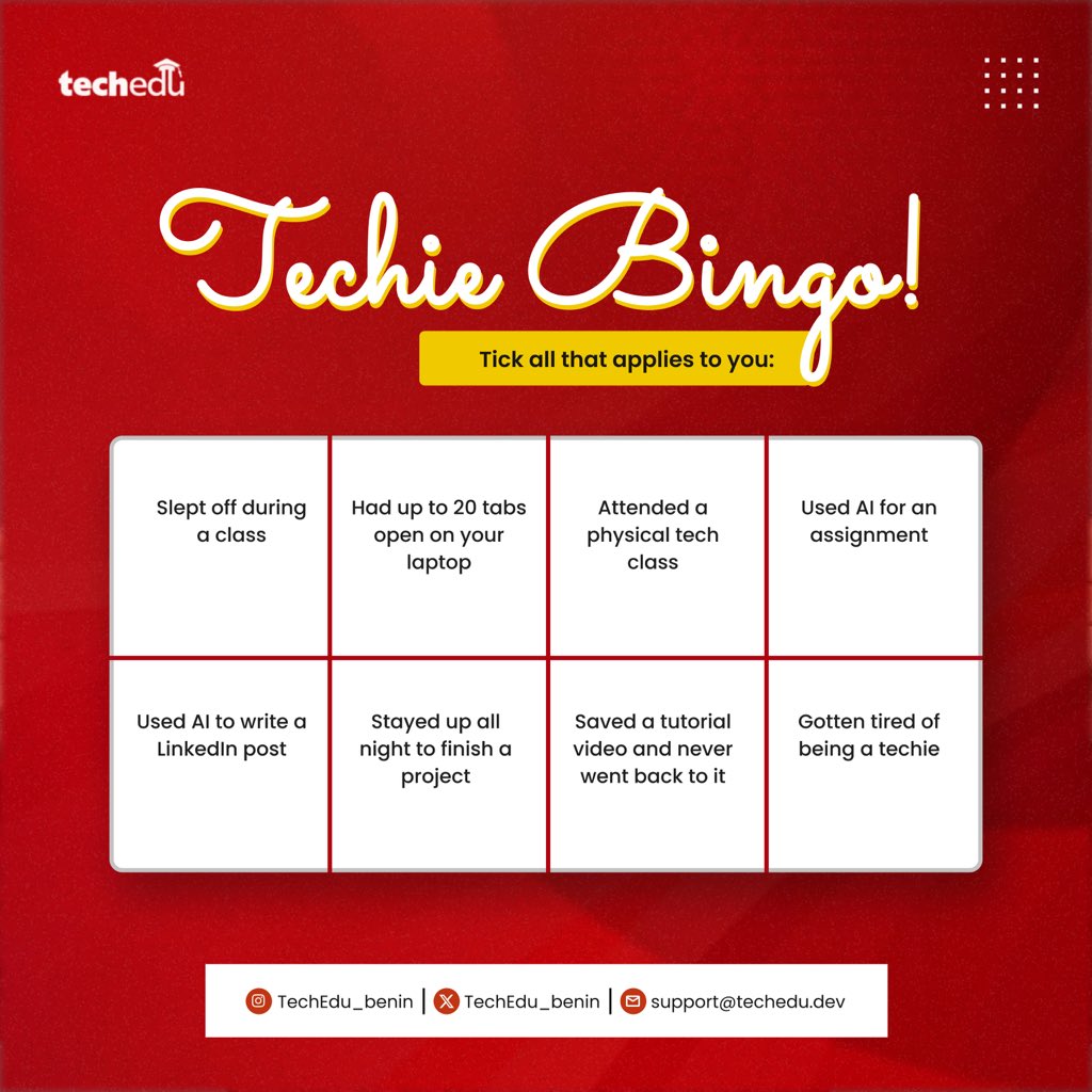 techedu_benin's tweet image. Hi, techie. Which of these have you ever done?😂

#TechEdu #TechAcademyInBeninCity