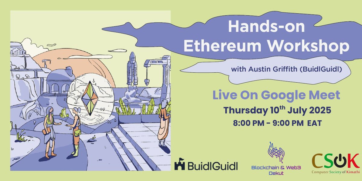 Blockchain & Web3 Dekut (@blockchaindekut) on Twitter photo Ethereum On Tour hits DeKUT! 🚀 Join us for a Virtual Ethereum Workshop with <a href="/austingriffith/">Austin Griffith</a> from <a href="/buidlguidl/">BuidlGuidl.eth</a>.
📅 Thursday, July 10, 2025, 8-9 PM EAT
📍 Google Meet
RSVP for the link: lu.ma/c713lq7l Ethereum On Tour hits DeKUT! 🚀 Join us for a Virtual Ethereum Workshop with <a href="/austingriffith/">Austin Griffith</a> from <a href="/buidlguidl/">BuidlGuidl.eth</a>.
📅 Thursday, July 10, 2025, 8-9 PM EAT
📍 Google Meet
RSVP for the link: lu.ma/c713lq7l