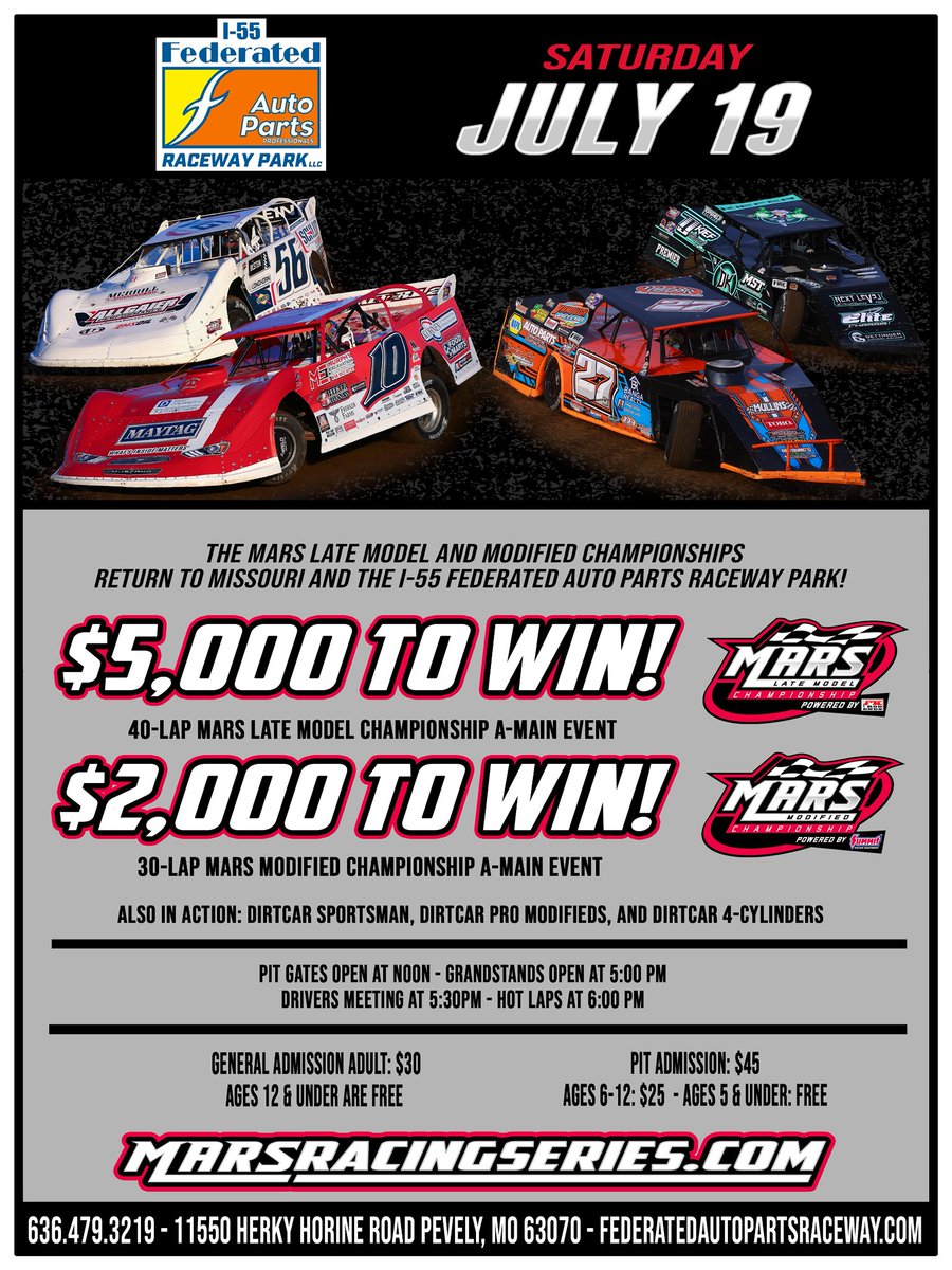 MARS Championship Series (@marsdirtracing) on Twitter photo The MARS Late Model Championship Powered by <a href="/FKrodends/">Team FK</a> & MARS Modified Championship Powered by <a href="/SummitRacing/">summitracing</a> returns to <a href="/I55Raceway/">I-55 Raceway</a> for our lone appearance for 2025 on Saturday, July 19!
For more information visit marsracingseries.com. The MARS Late Model Championship Powered by <a href="/FKrodends/">Team FK</a> & MARS Modified Championship Powered by <a href="/SummitRacing/">summitracing</a> returns to <a href="/I55Raceway/">I-55 Raceway</a> for our lone appearance for 2025 on Saturday, July 19!
For more information visit marsracingseries.com.