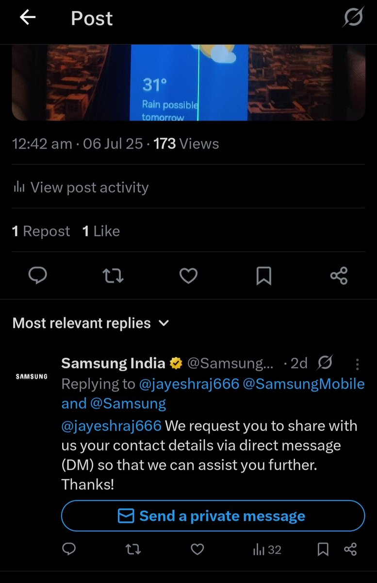 jayeshraj666's tweet photo. I tweeted about the green line appearing on my Samsung s23 ultra after updating to the new software provided by Samsung. Samsung India replied to that tweet asking for details, and I provided the details. (1/4) @SamsungIndia @SamsungMobile @Samsung https://t.co/ytPuIQkwbd