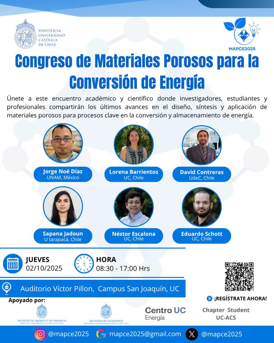 Congreso "Materiales Porosos para la Conversión de Energía" (MAPCE2025)

📆 Jueves  2 de octubre 2025 

📍Auditorio Víctor Pillon, Facultad de Química y de Farmacia. Pontificia Universidad Católica de Chile. 

INSCRIPCIÓN GRATUITA