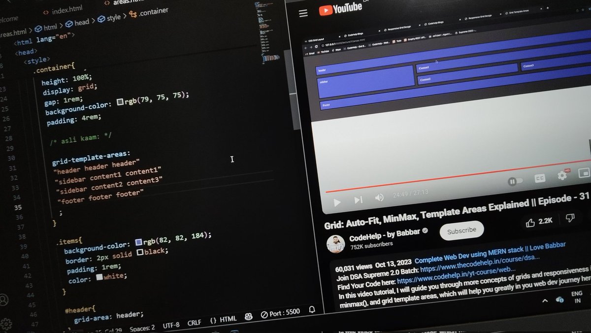 aqueous_NaOH's tweet image. Day 48 of #100DaysOfCode✅
Revised CSS Grid today!
-Learned a shortcut for grid-template-columns (super handy for responsive design!)
-Explored grid-template-areas — loved how clean &amp;amp; visual it is!

#CSSGrid #WebDev #Frontend #100DaysChallenge