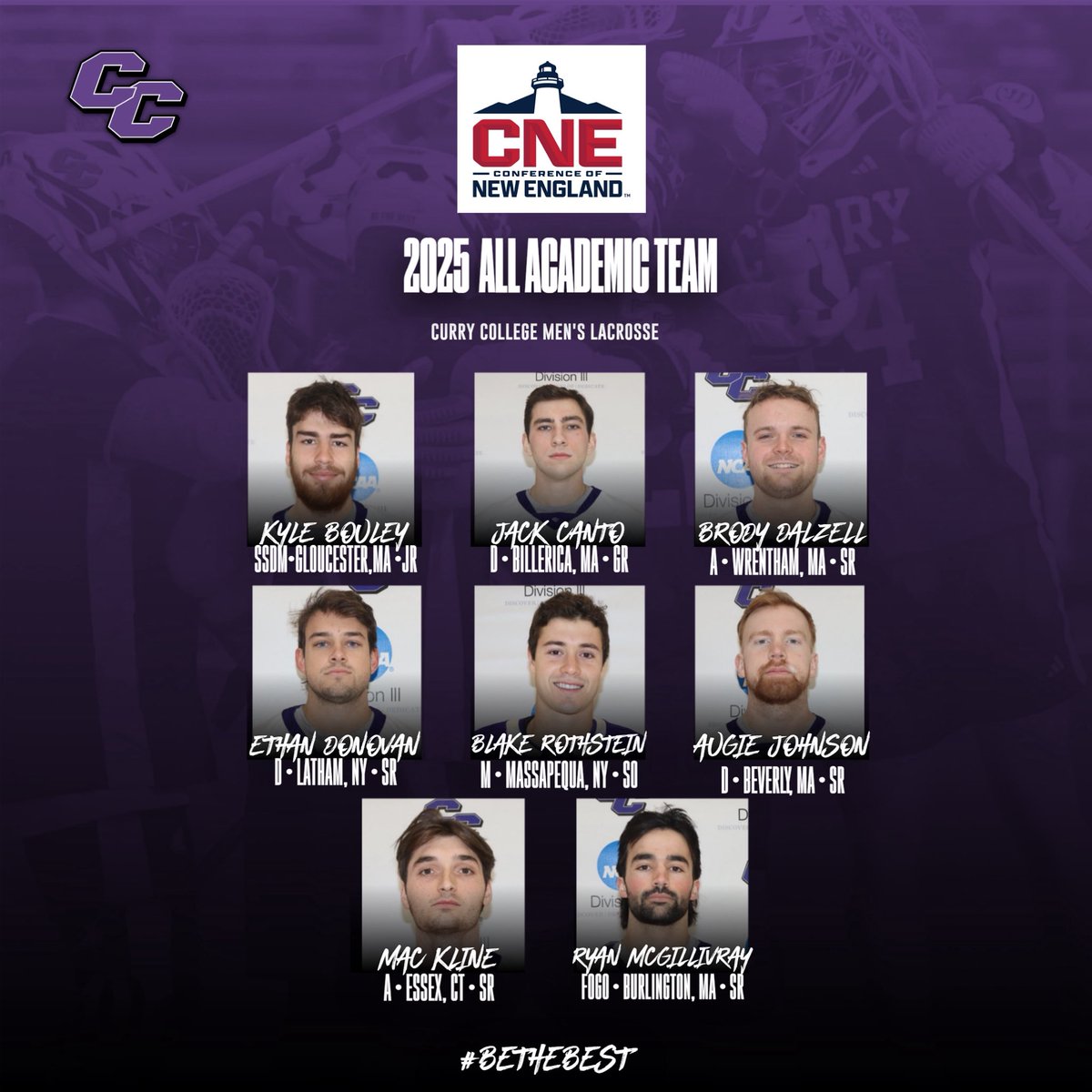 CurryMLAX's tweet image. Congrats to our eight CNE Spring 2025 Academic All Conference selections!

Kyle Bouley
Jack Canto
Brody Dalzell
Ethan Donovan
Blake Rothstein
Augie Johnson
Mac Kline
Ryan McGillivray

#currymlax #bethebest