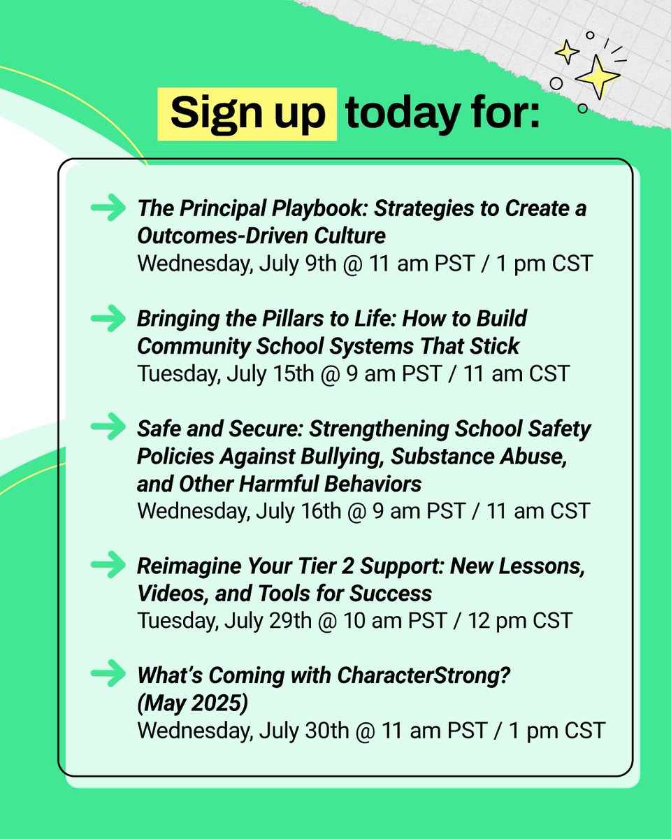CharacterStrong's tweet image. Join us this July for 5 impactful webinars! From school culture to Tier 2 support—real strategies you can use now.

Learn more: hubs.la/Q03wg-Fc0

Can&apos;t make it? Sign up and access the recording + resources!
#SchoolLeadership #MTSS #CharacterStrong #EdLeaders