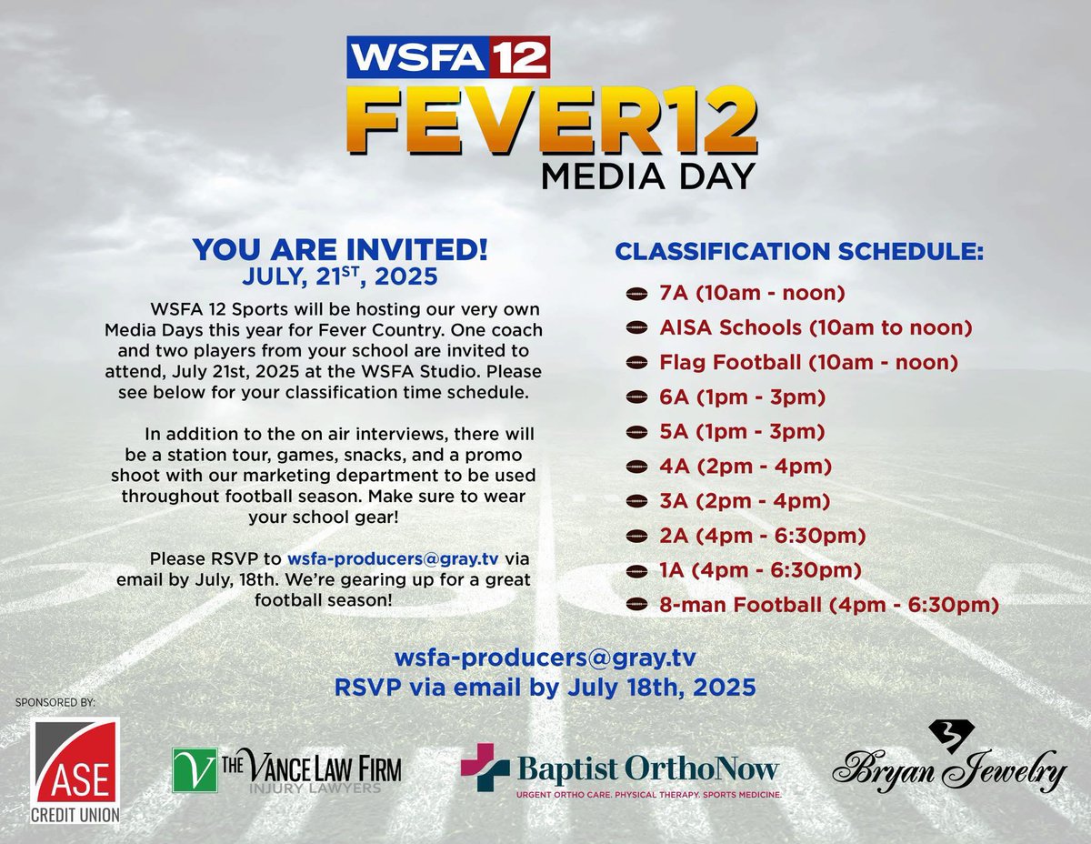We're several weeks away from the start of high school football, but <a href="/wsfa12sports/">WSFA 12 Sports</a> is getting the Fever started a little early with our very own FEVER 12 Media Day! Coaches, RSVP via email by July 18 🏈