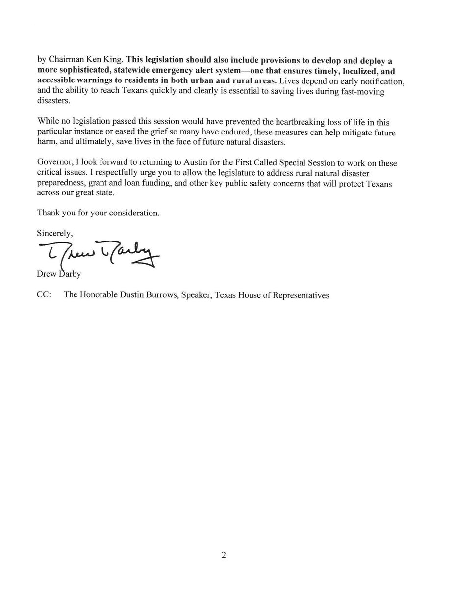 Drew Darby (@drewdarbytx) on Twitter photo In light of the devastating and deadly floods that have impacted the Concho Valley, Hill Country, and Central Texas—and in response to overwhelming feedback from constituents—I am respectfully urging Governor <a href="/GregAbbott_TX/">Greg Abbott</a> Abbott to add Emergency Disaster Preparedness & Relief In light of the devastating and deadly floods that have impacted the Concho Valley, Hill Country, and Central Texas—and in response to overwhelming feedback from constituents—I am respectfully urging Governor <a href="/GregAbbott_TX/">Greg Abbott</a> Abbott to add Emergency Disaster Preparedness & Relief