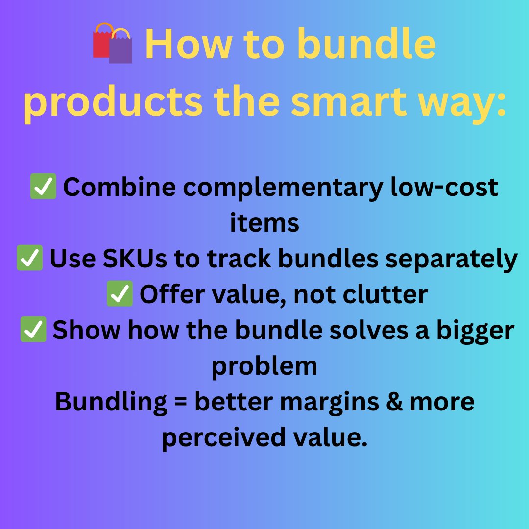 EcomWithRush's tweet photo. 🛍️ How to bundle products the smart way:
Bundling = better margins & more perceived value.
#eComWithRush #AmazonTips #SKUVariations https://t.co/2jecm0egkj