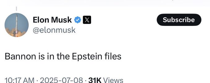 🚨 JUST NOW: BREAKING - Elon Musk claims Steve Bannon is named in the Epstein files.
