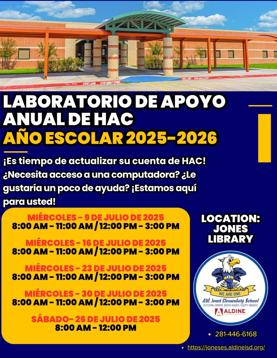 Pedro Alegria, M. Ed (@palegria1) on Twitter photo Parents! Join us at <a href="/JonesES_AISD/">Jones Elementary School</a> for our Annual HAC Update! We'll be at the Jones Library tomorrow, Wednesday, July 9, starting at 9:00 AM. Need help resetting your password? We’ve got you covered. Check the flyer below for more dates & times. Stop by and get your HAC updated! Parents! Join us at <a href="/JonesES_AISD/">Jones Elementary School</a> for our Annual HAC Update! We'll be at the Jones Library tomorrow, Wednesday, July 9, starting at 9:00 AM. Need help resetting your password? We’ve got you covered. Check the flyer below for more dates & times. Stop by and get your HAC updated!