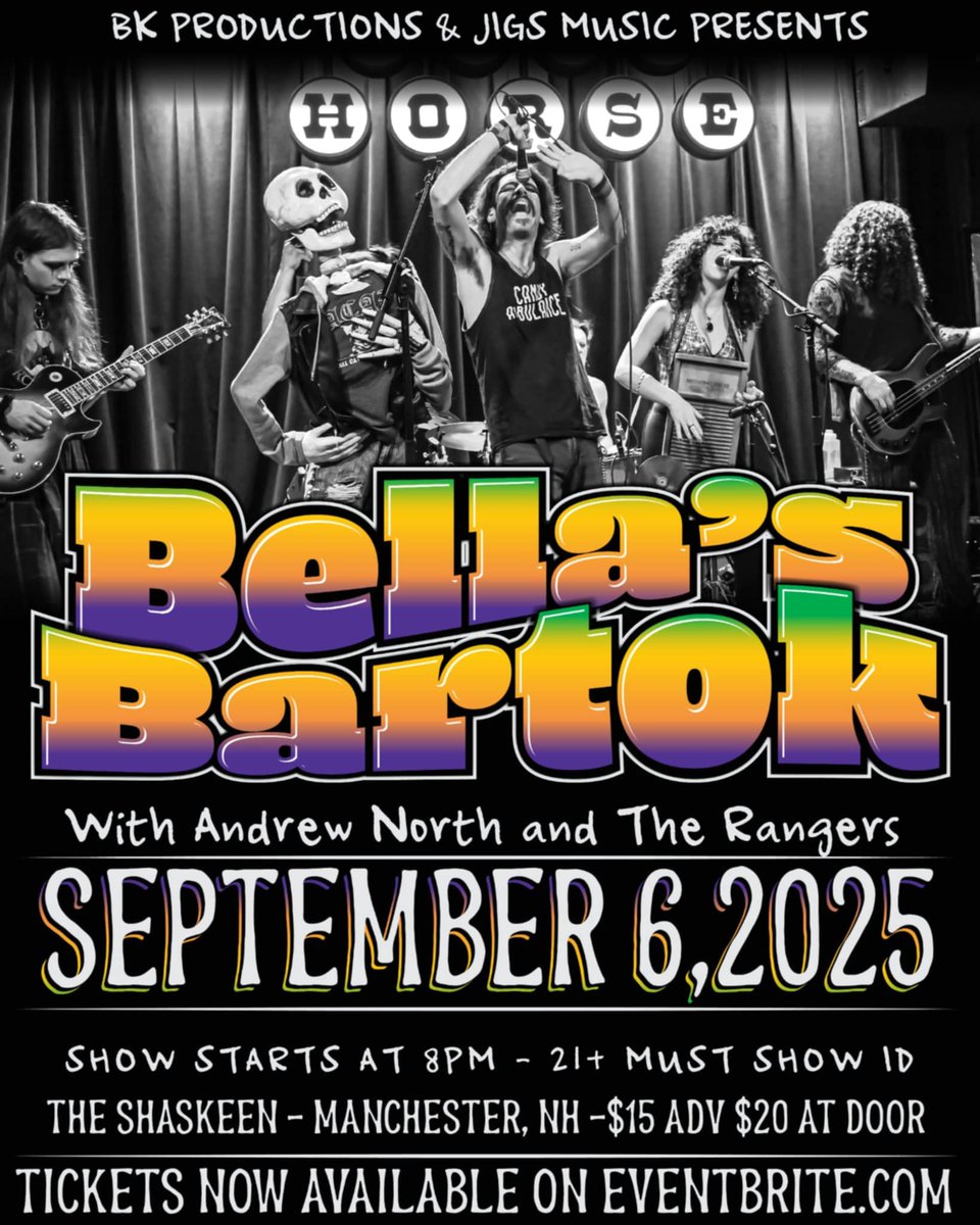 🔥🔥SHOW ANNOUNCEMENT🔥🔥

BKPRODUCTIONS+JigsMusic Reunite To Bring You:

Bella's Bartok w/s/g Andrew North And The Rangers Live at The Shaskeen Pub and Restaurant‼️

Doors 8pm 
Show 9pm
Ages 21+
Tix available on Eventbrite 
$15 adv $20 dos