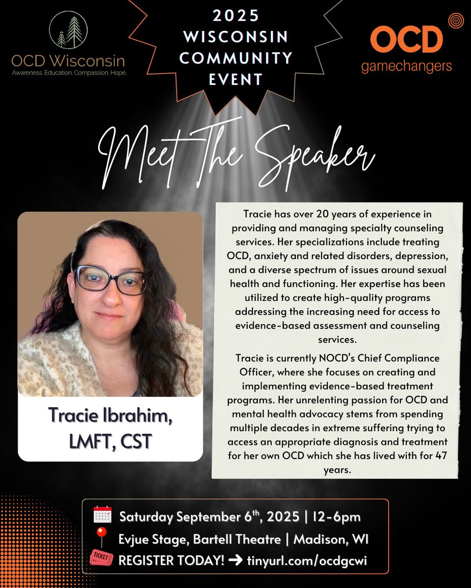 Speaker Spotlight 🎤

Meet Tracie Ibrahim, LMFT, CST—NOCD’s Chief Compliance Officer and lived experience advocate who’s spent 47 years navigating OCD.

She’ll share her powerful story at our 2025 OCD WI x Gamechangers event.
 ⠀
🎟 Tickets: tinyurl.com/ocdgcwi