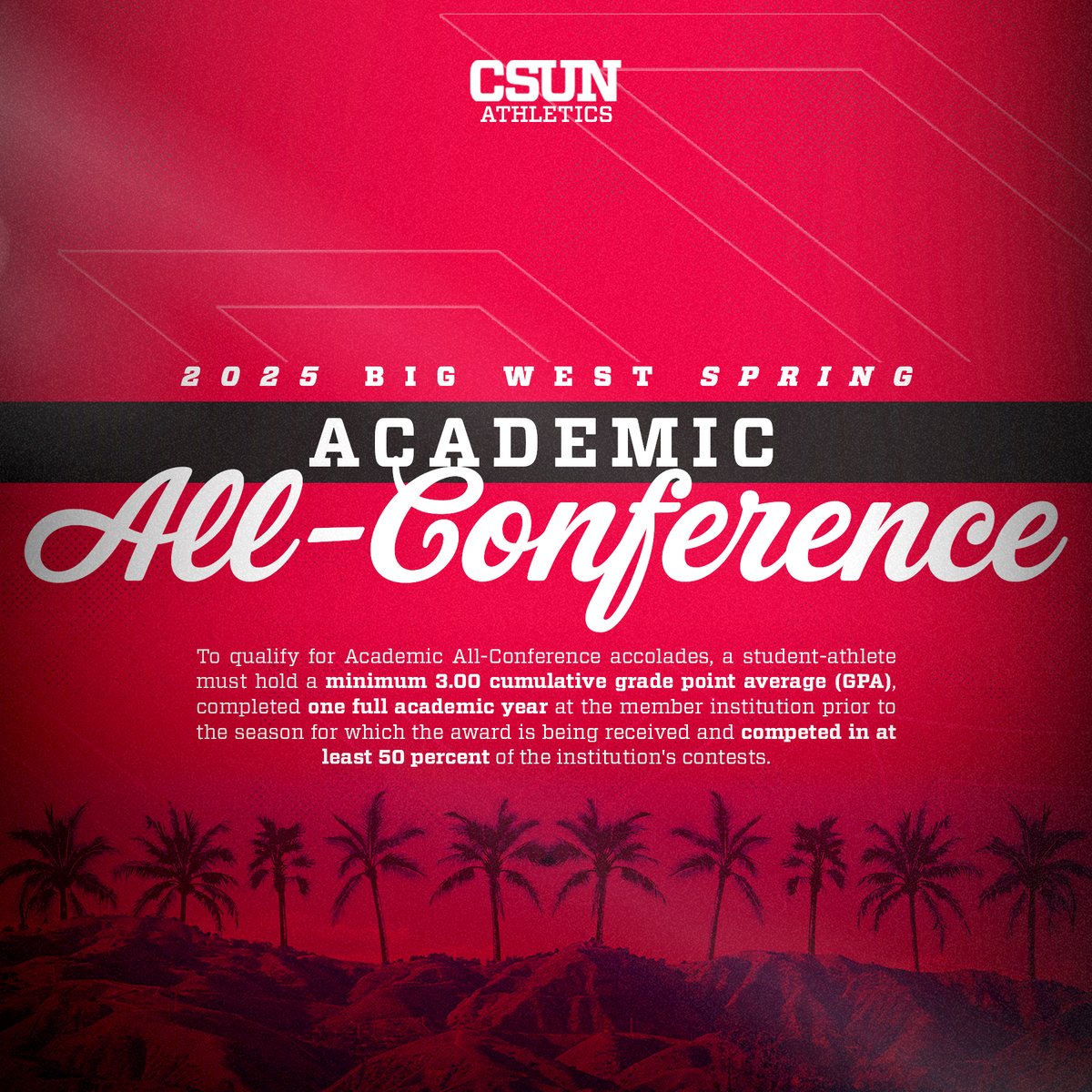 CSUN Matadors (@gomatadors) on Twitter photo A total of 71 CSUN student-athletes earned <a href="/BigWestSports/">The Big West</a> Academic All-Conference honors for the spring. 👏
♦️ bit.ly/40JzsIq
#GoMatadors A total of 71 CSUN student-athletes earned <a href="/BigWestSports/">The Big West</a> Academic All-Conference honors for the spring. 👏
♦️ bit.ly/40JzsIq
#GoMatadors