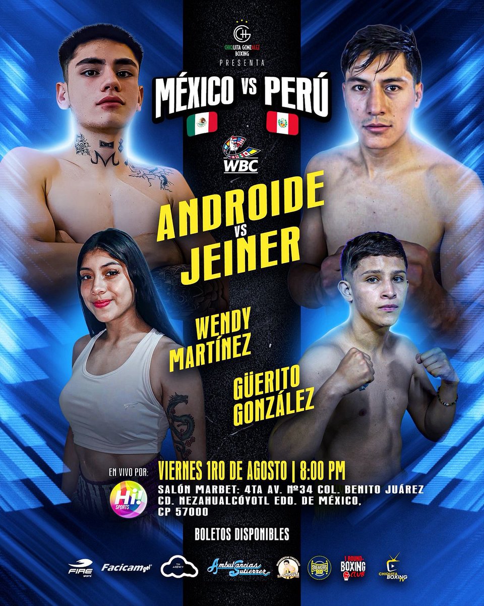 CHIQUITA BOXING (@chiquitaboxing) on Twitter photo 🥊🇲🇽Chiquita Gonzalez Boxing 🥊🇲🇽
Presenta:
“México 🇲🇽 🆚 Perú 🇵🇪 ”
Viernes 1 de Agosto 8:00 pm
🏟️ Salon Marbet
📺En vivo por <a href="/HiSportsTV/">Hi! Sports TV</a> #chiquitaboxingtv
<a href="/husseinforzan/">Hussein Forzán ®</a> <a href="/ChiquitaGlz/">Humberto González</a> 🥊🇲🇽Chiquita Gonzalez Boxing 🥊🇲🇽
Presenta:
“México 🇲🇽 🆚 Perú 🇵🇪 ”
Viernes 1 de Agosto 8:00 pm
🏟️ Salon Marbet
📺En vivo por <a href="/HiSportsTV/">Hi! Sports TV</a> #chiquitaboxingtv
<a href="/husseinforzan/">Hussein Forzán ®</a> <a href="/ChiquitaGlz/">Humberto González</a>