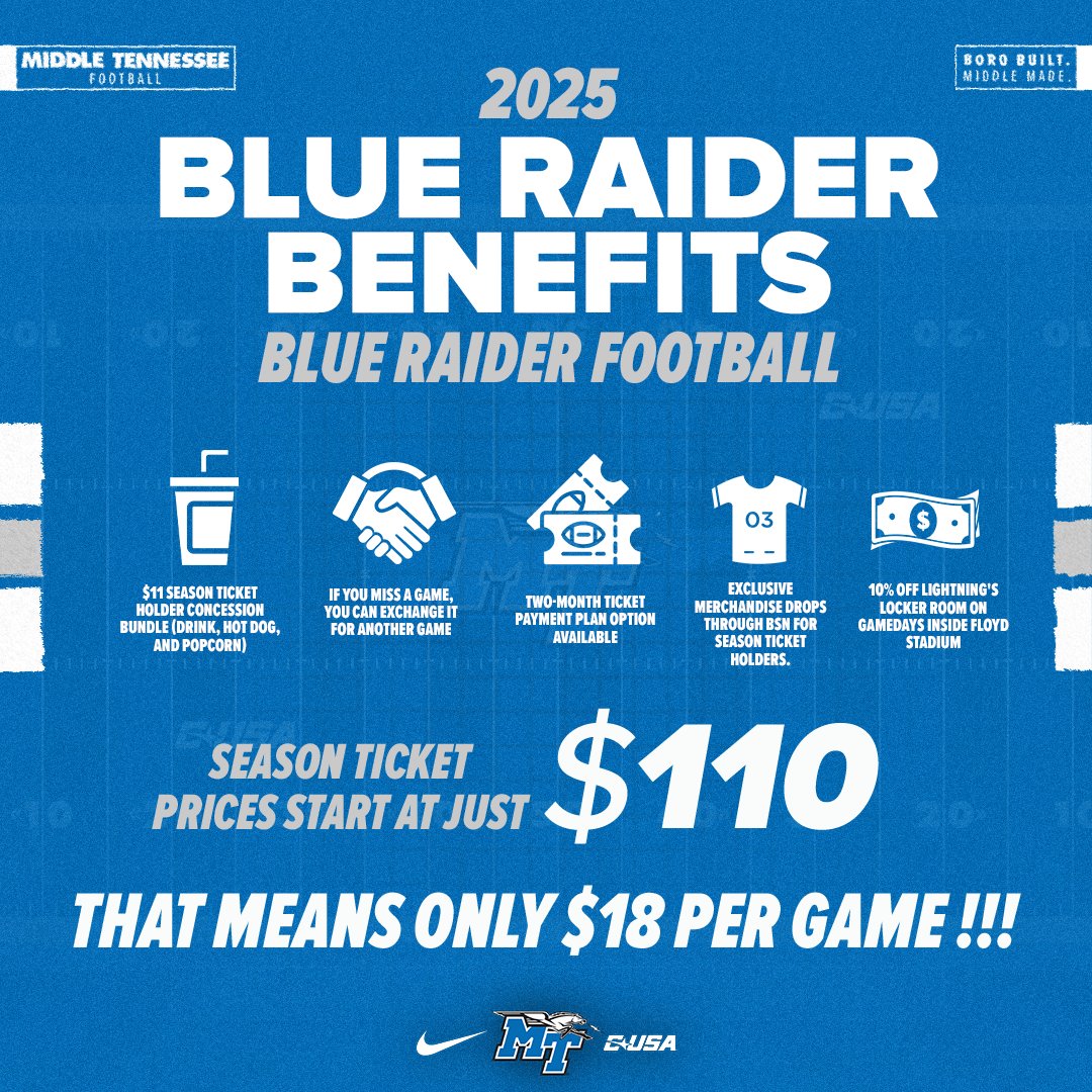 Middle Tennessee Athletics (@mtathletics) on Twitter photo Hey, Blue Raider Nation! We need YOU to #FillFloyd this fall! The next 15 Blue Raider fans who purchase 2025 <a href="/MT_FB/">Middle Tennessee Football</a> season tickets will receive a special Blue Raider Fan Pack! 👀
🎟️ goblueraiders.co/25FB-SeasonTic… Hey, Blue Raider Nation! We need YOU to #FillFloyd this fall! The next 15 Blue Raider fans who purchase 2025 <a href="/MT_FB/">Middle Tennessee Football</a> season tickets will receive a special Blue Raider Fan Pack! 👀
🎟️ goblueraiders.co/25FB-SeasonTic…