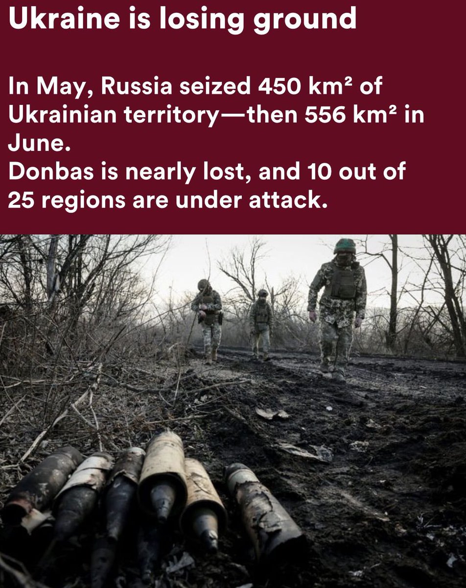 Iuliia Mendel (@iuliiamendel) on Twitter photo Ukraine is losing ground. In May, Russia seized 450 km sq of Ukrainian territory— then 556 km sq in June.
Donbas is nearly lost, and 10 out of 25 regions are under attack.
Read more in my piece for <a href="/tmrwsaffairs/">Tomorrow’s Affairs</a>. tomorrowsaffairs.com/will-ukraine-r… Ukraine is losing ground. In May, Russia seized 450 km sq of Ukrainian territory— then 556 km sq in June.
Donbas is nearly lost, and 10 out of 25 regions are under attack.
Read more in my piece for <a href="/tmrwsaffairs/">Tomorrow’s Affairs</a>. tomorrowsaffairs.com/will-ukraine-r…