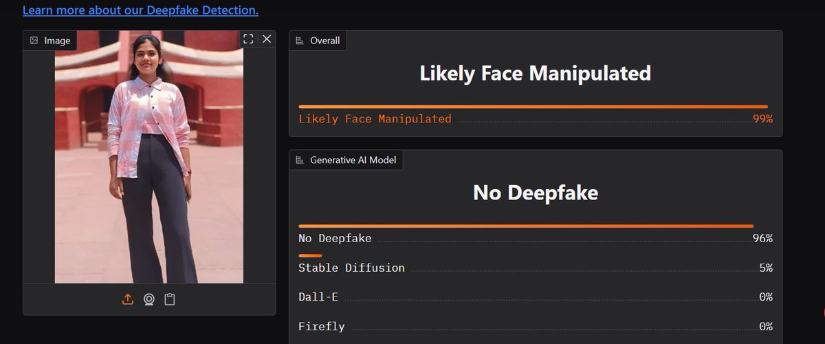 aminexton's tweet image. I apologize, but I tested a number of deepfake models, and they all said that the image was either face-manipulated or deepfake.

#deepfake #ai @PepperonyX