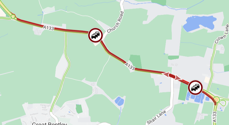 A133- BLOCKED towards Colchester between Weeley roundabout and   Hare Green (A120)due to a collision.  Slow traffic on approach