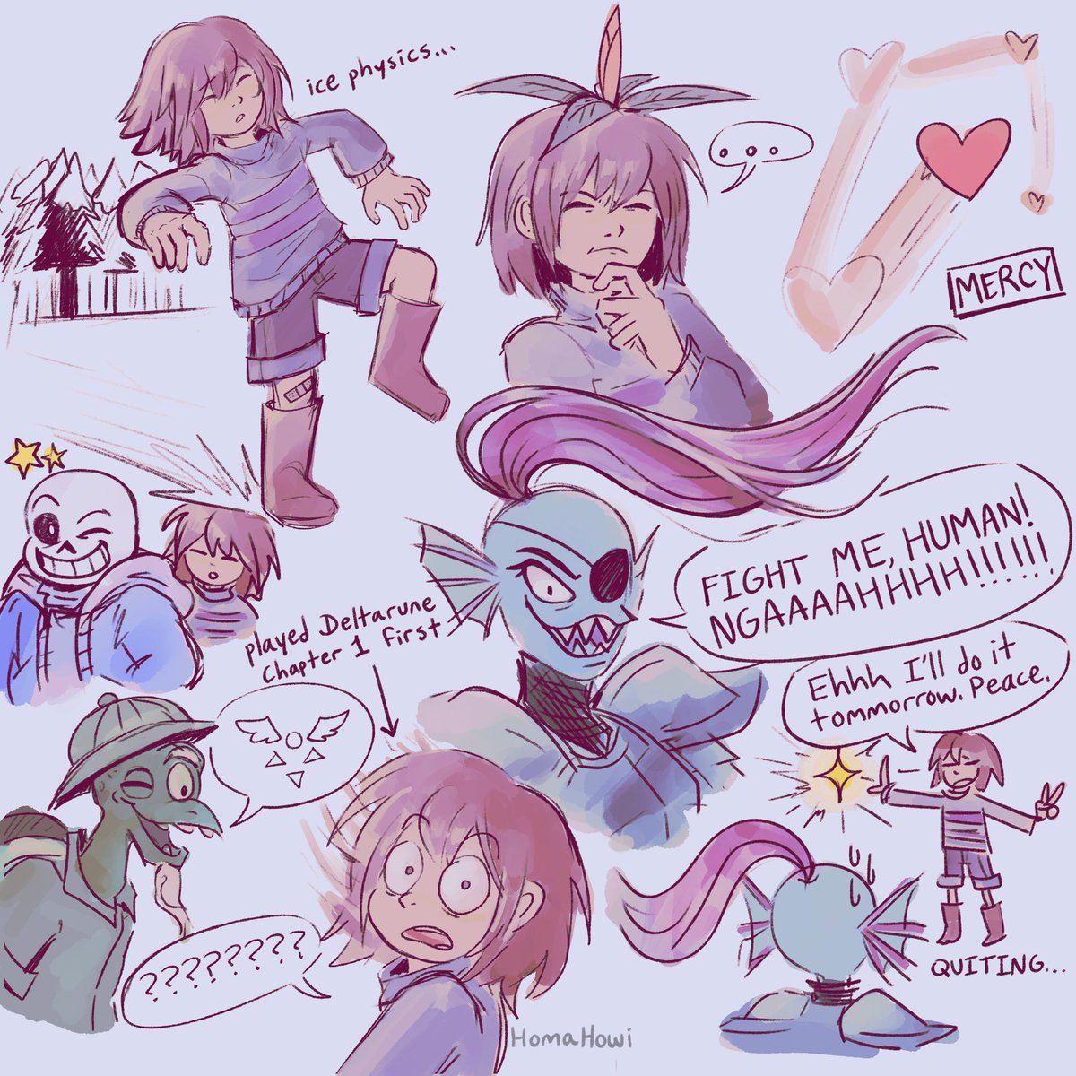 HomaHowiArts's tweet image. Drew some moments from my brother’s first playthrough of #Undertale ❤️