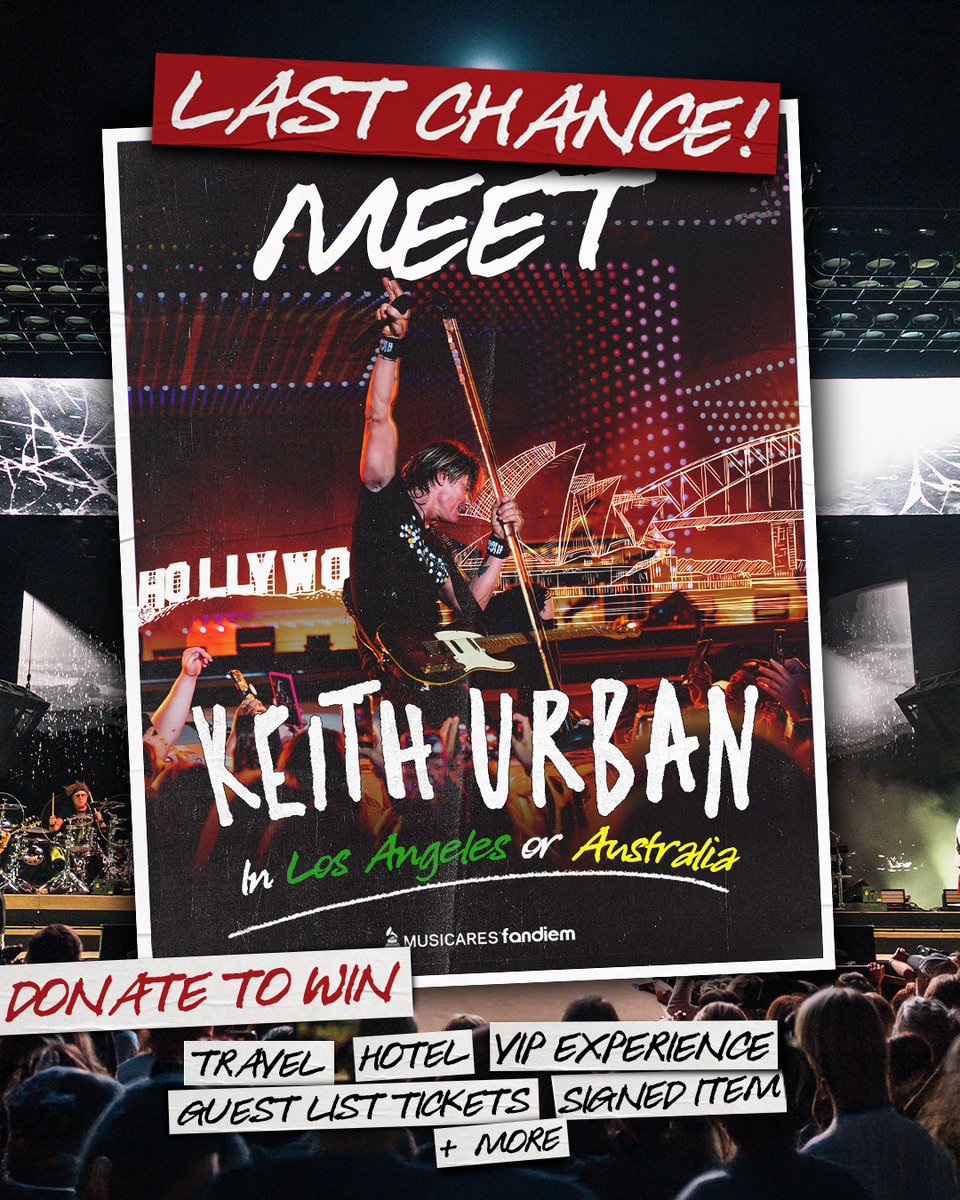 KeithUrban's tweet image. This is your LAST CHANCE to win a trip to meet me in Sydney or Los Angeles on the HIGH AND ALIVE WORLD TOUR!
Donate to support @MusiCares using code "KEITH100" for 100 bonus entries at checkout before the sweeps end Monday, July 14 at 11:59pm PT.
Learn more & donate to win at…