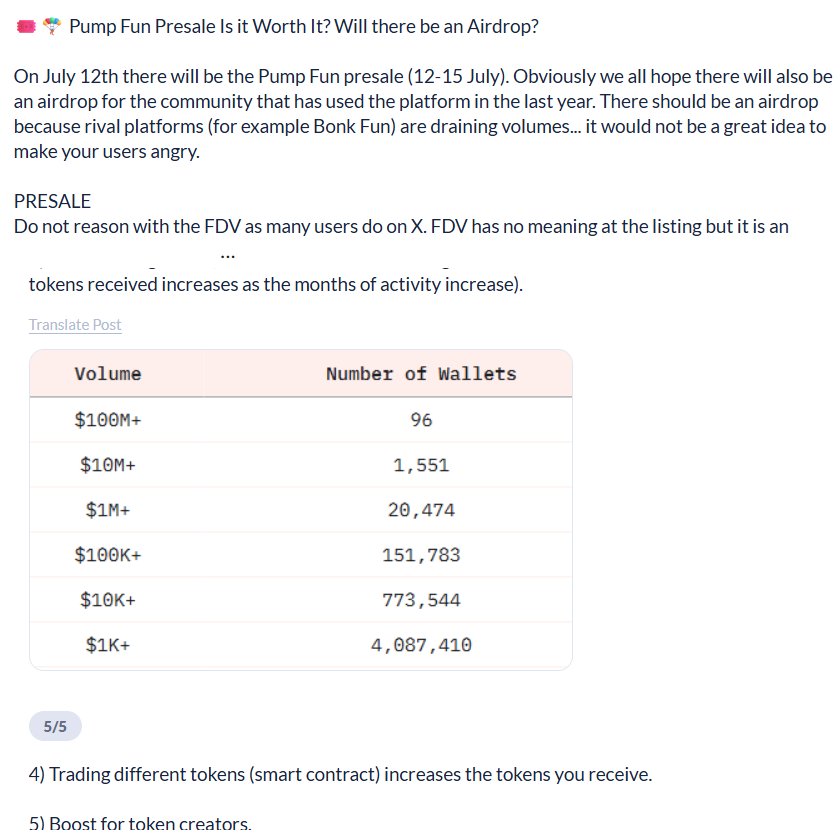 🪂Pump Fun summary thread: is presale worth it? No FDV (metric that has no meaning at listing).

Discussion on the possible $Pump airdrop and fair criteria to favor decentralization. 

My thread on <a href="/DeBankDeFi/">DeBank</a> : debank.com/stream/3232490 

Preview (thread screen):