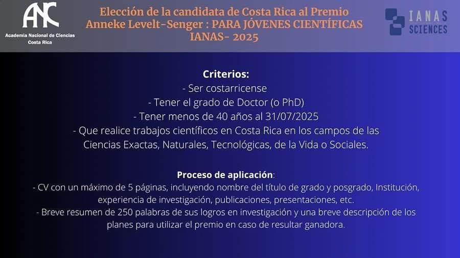 ANC Costa Rica (@anc_cr) on Twitter photo 📢Elección de la candidata de Costa Rica al Premio Anneke Levelt-Senger : PARA JÓVENES CIENTÍFICAS- IANAS- 2025
La ganadora recibirá US$3,000
Fecha límite para enviar las postulaciones: 20 de Julio, 2025.
Todos los documentos deben ser enviados en idioma inglés a: anc@anc.cr 📢Elección de la candidata de Costa Rica al Premio Anneke Levelt-Senger : PARA JÓVENES CIENTÍFICAS- IANAS- 2025
La ganadora recibirá US$3,000
Fecha límite para enviar las postulaciones: 20 de Julio, 2025.
Todos los documentos deben ser enviados en idioma inglés a: anc@anc.cr
