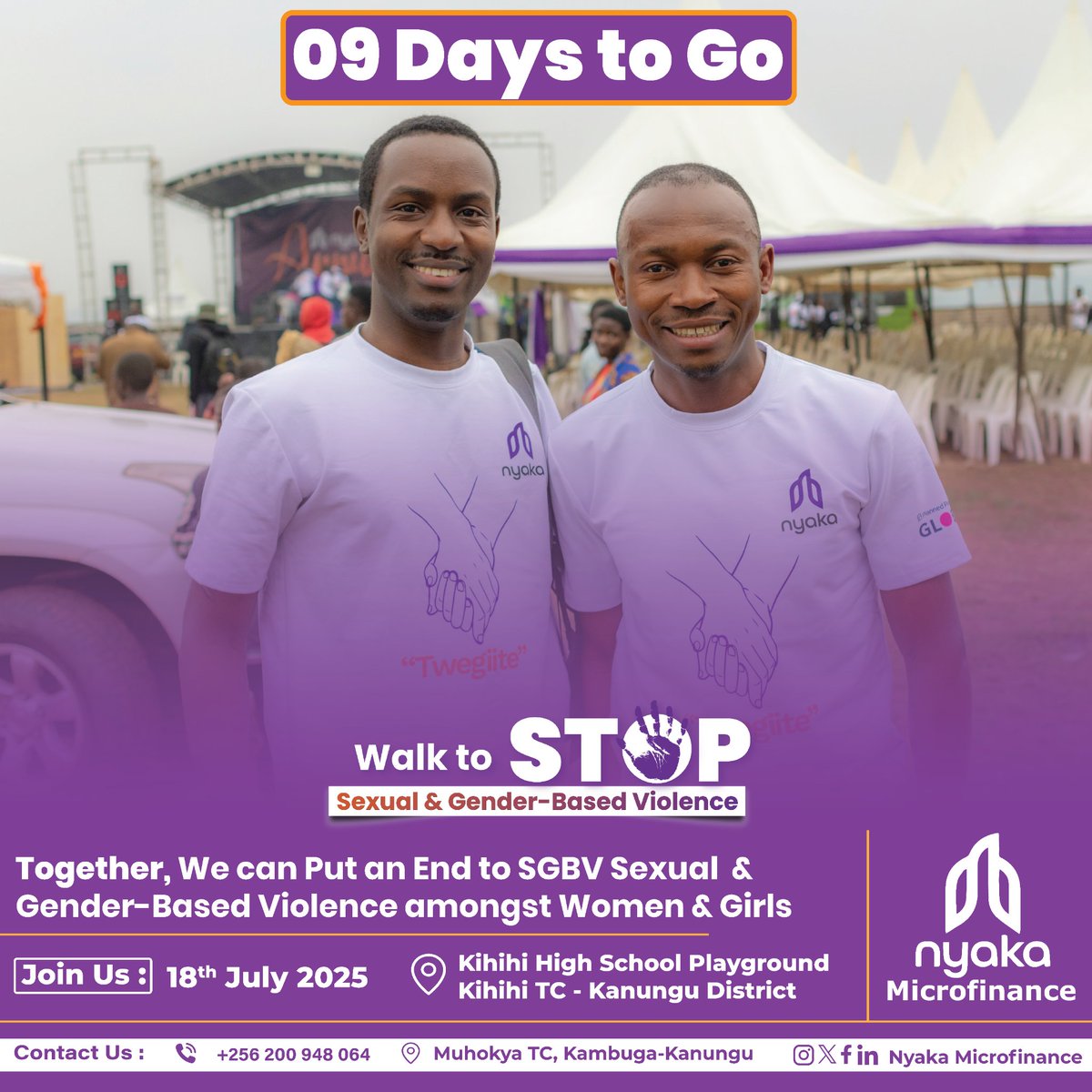 ⌛️ 09 days to go. We are not just talking about change. We are walking for it. 

Nyaka Microfinance is proud to sponsor the 2025 Nyaka Annual Walk against SGBV. Together,  we can end the silence and stop the violence. 

#NyakaSGBVWalk25 #NyakaMicrofinance #EndSGBV