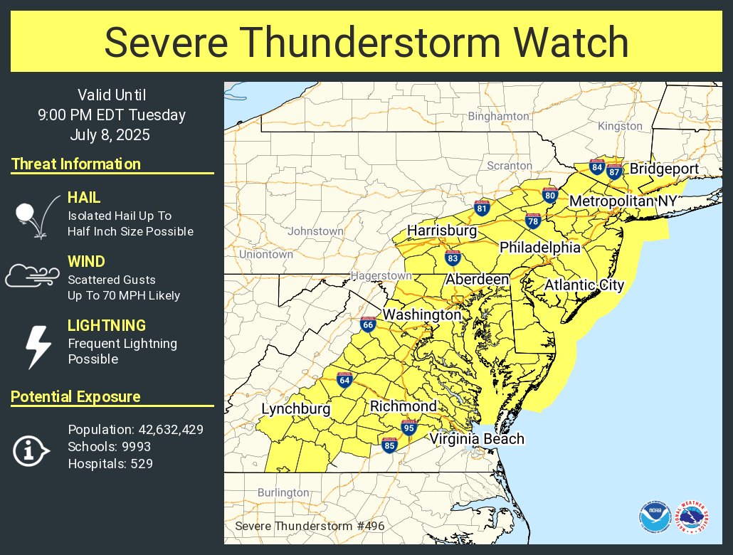 A SEVERE THUNDERSTORM WATCH is now in effect for arts of the area. Please  send us your reports of wind and hail! All we need is a location, time, and  measurement of