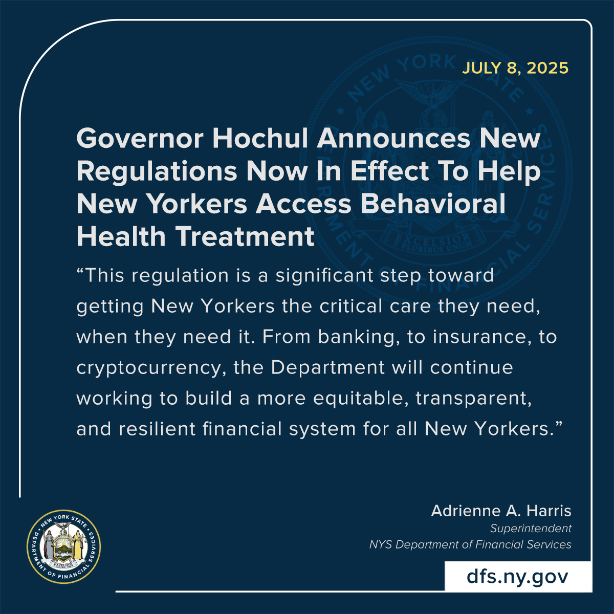 NEW: Regulations now in effect to help New Yorkers access behavioral health  treatment. Network adequacy standards aimed at improving access to mental  health and substance use disorder care will help millions covered