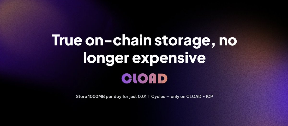 🚀 Powered by the Internet Computer, CLOAD offers ultra-efficient on-chain storage!

🔥Storing 1000MB of data on CLOAD costs only 0.01 T Cycles per day — a level of efficiency that most blockchains can't come close to
Secure, cost-effective, and truly decentralized

🔗