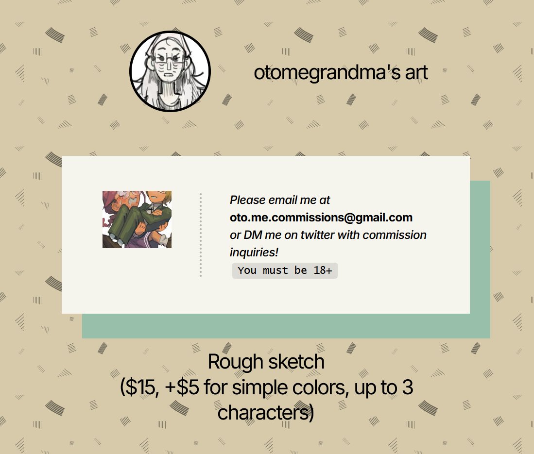 otomegrandma's tweet image. DM me if you wish for a sketch commission (i want money)
otomegrandma.carrd.co