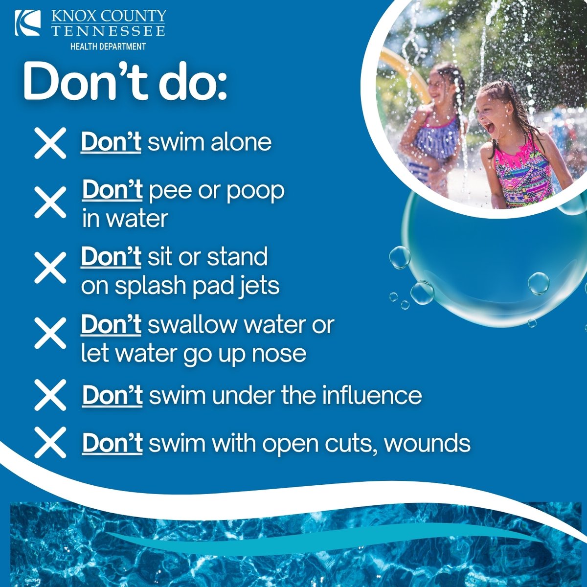 Summer is the season for swimming and splash pads!

Stay safe in the water with these tips from the CDC and our Environmental Health department.

For more info on water safety, visit 
cdc.gov/healthy-swimmi….