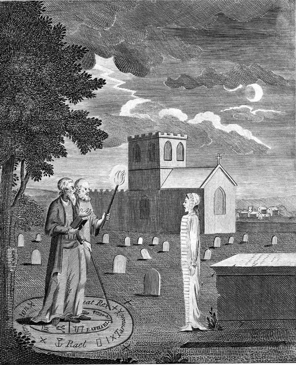 reviewwales's tweet image. John Dee - occultist, mathematician, astronomer, astrologer and Queen Elizabeth's very own magician - was born today in 1527.
These eerie images (c.1825/ 1790) show Dee and Edward Kelly communing with a spirit in a cemetery by moonlight. As you do.
#otd #onthisday #gothic