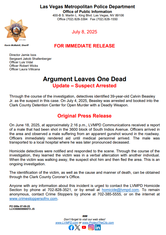 Click below for more information on the arrest of Calvin Beasley Jr. in connection to a homicide that occurred June 18, 2025, near Flamingo &amp; Boulder Hwy.