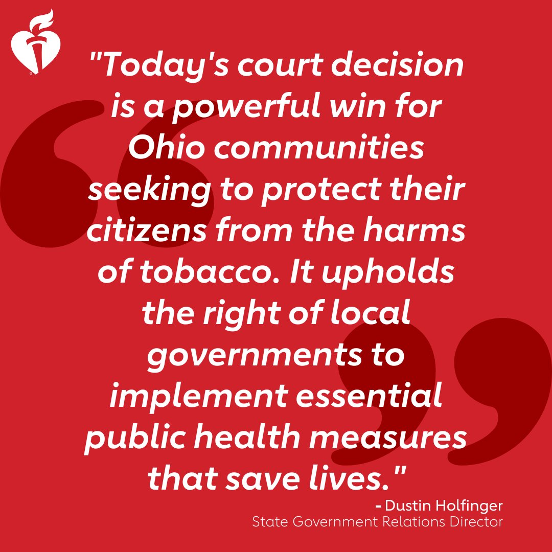 AmHeartOhio's tweet image. Big win today for the health of all Ohioans!
Today, the Franklin County Court of Appeals decided Ohio communities have the authority to regulate tobacco products within their own limits. But our fight isn't over yet.
Read more: spr.ly/60144sTzA