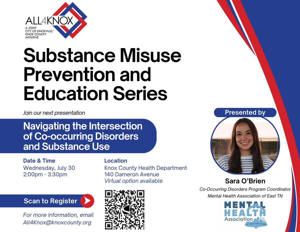 The next All4Knox Education Series event will focus on how substance misuse and mental health disorders are connected. Register here: knoxcounty.zoom.us/meeting/regist….

This event will take place at 2 p.m. July 30. It will be available remotely on Zoom and in person at KCHD.