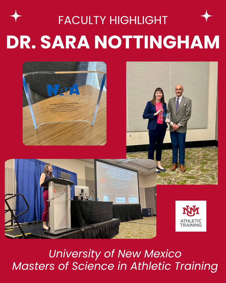 UNM_AT's tweet image. 🎉 Faculty Spotlight: Dr. Sara Nottingham 🎉
We&apos;re proud to celebrate Dr. Nottingham for receiving the 2024 Athletic Training Education Journal Award for the Outstanding Manuscript from the National Athletic Trainers Association! 🏆👏

#FacultyHighlight #MSAT #UNM