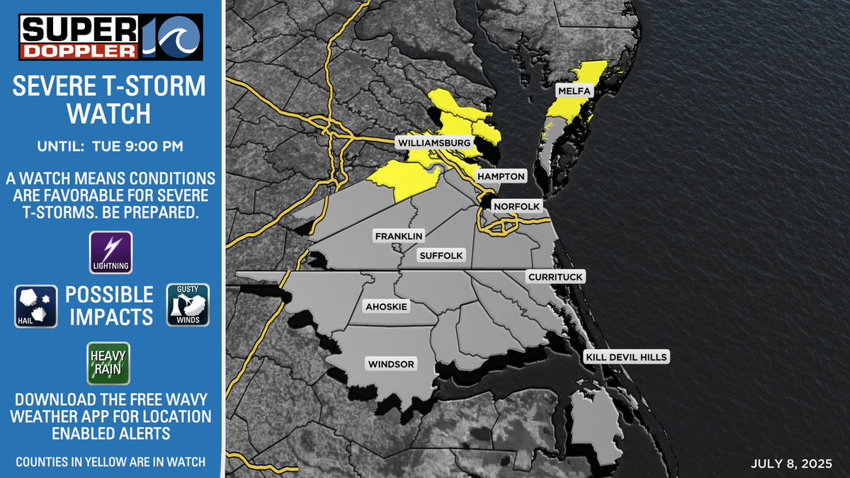 WEATHER ALERT: A Severe T-storm Watch has been issued for parts of the viewing area shaded in yellow. A WATCH means conditions are favorable for severe weather. 

Download the WAVY Weather App from the app store to get automatic alerts to your phone.