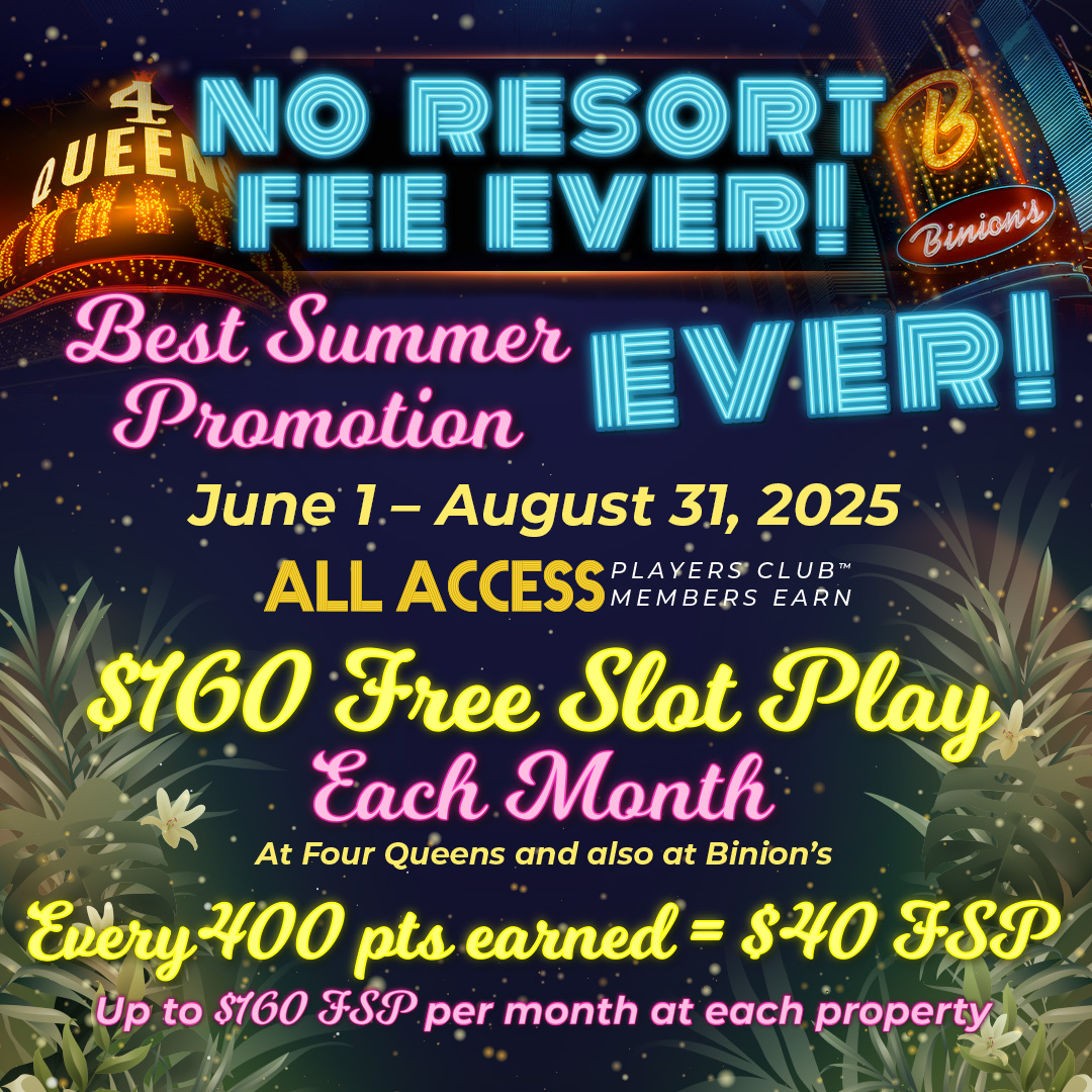 4QueensLV's tweet image. Didn’t snag your GIANT towel in June? Don’t sweat it — our Best Summer Promotion is still on. ☀️
Also, 400 points = $40 in Free Slot Play, up to $160 at BOTH Four Queens and Binion’s.
Nobody does comps like we do — because no one is as generous as us.! See you, Downtown!