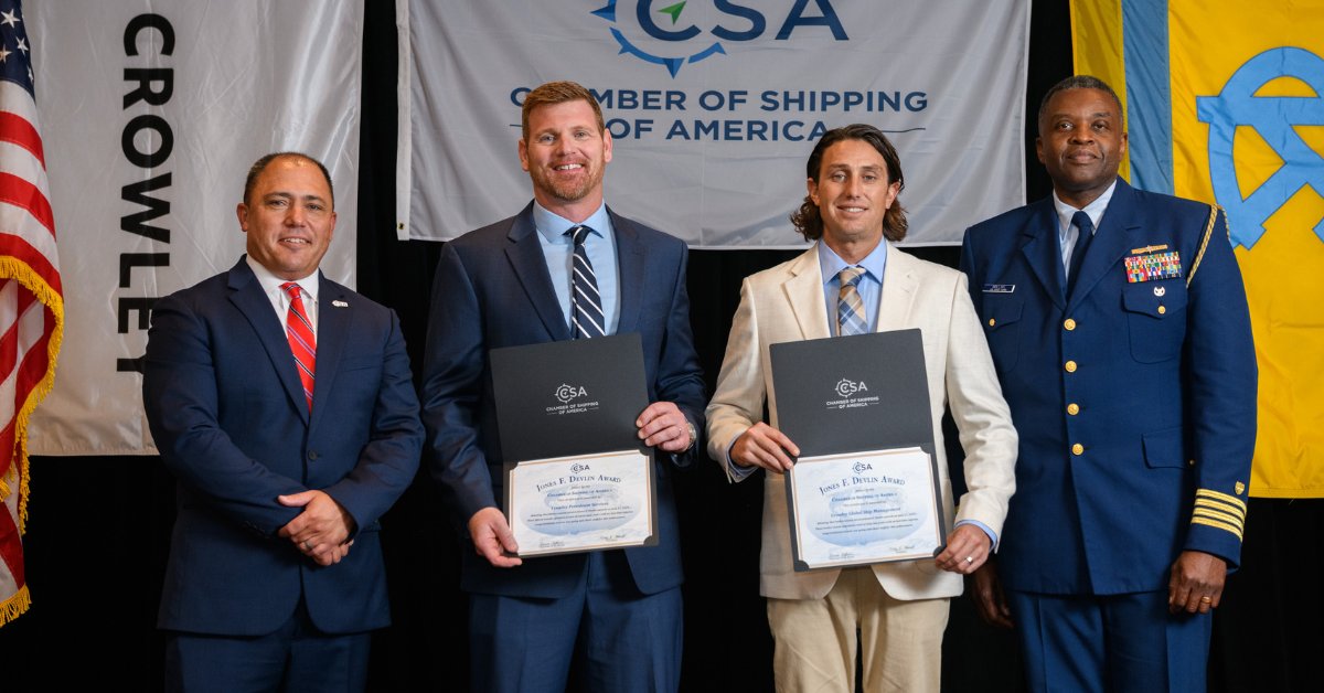 CrowleyMaritime's tweet image. Fifty-seven Crowley-owned or -managed vessels earned the Jones F. Devlin Safety Award from the Chamber of Shipping of America for 478 years without a lost-time injury. This honor reflects our mariners' commitment to safety and excellence.
crow.ly/3GoaOGx