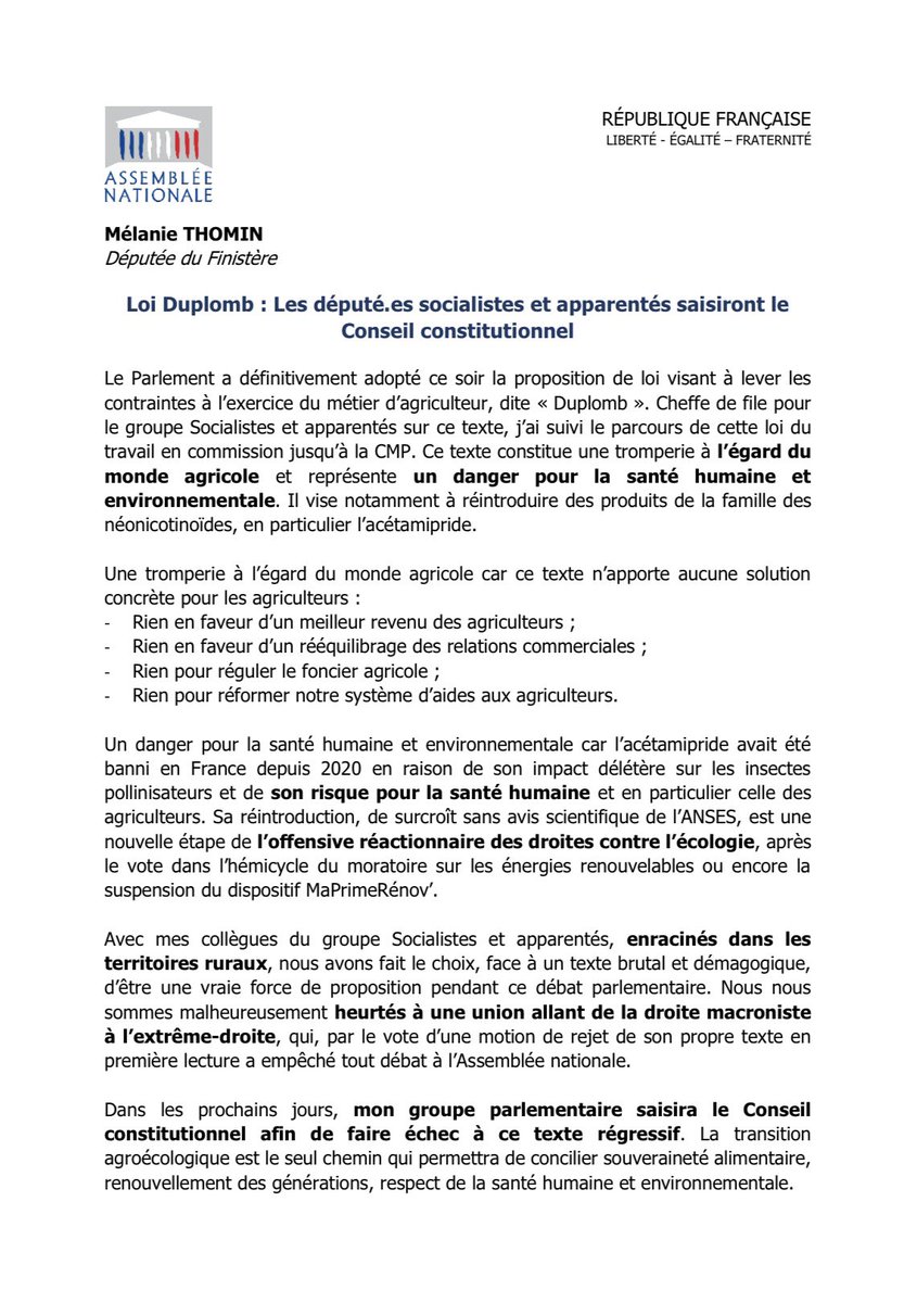 Mel_Thomin's tweet image. ⚠️🚜Adoption de la loi #Duplomb ce soir à l’@AssembleeNat
➡️Avec les députés @socialistesAN nous avons voté contre ce texte dangereux pour la santé humaine et environnementale !
💪Nous saisissons le Conseil constitutionnel afin de faire barrage à ce texte régressif !