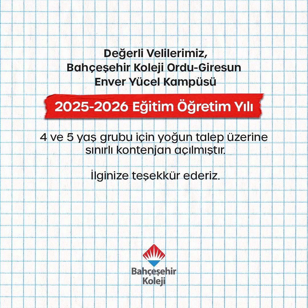 📢 2025-2026 Eğitim Öğretim Yılı
Bahçeşehir Koleji Ordu-Giresun Enver Yücel Kampüsümüzde,
4 ve 5 yaş grubu için yoğun talep üzerine sınırlı kontenjan açılmıştır.

📞 Detaylı bilgi: 0452 600 04 44