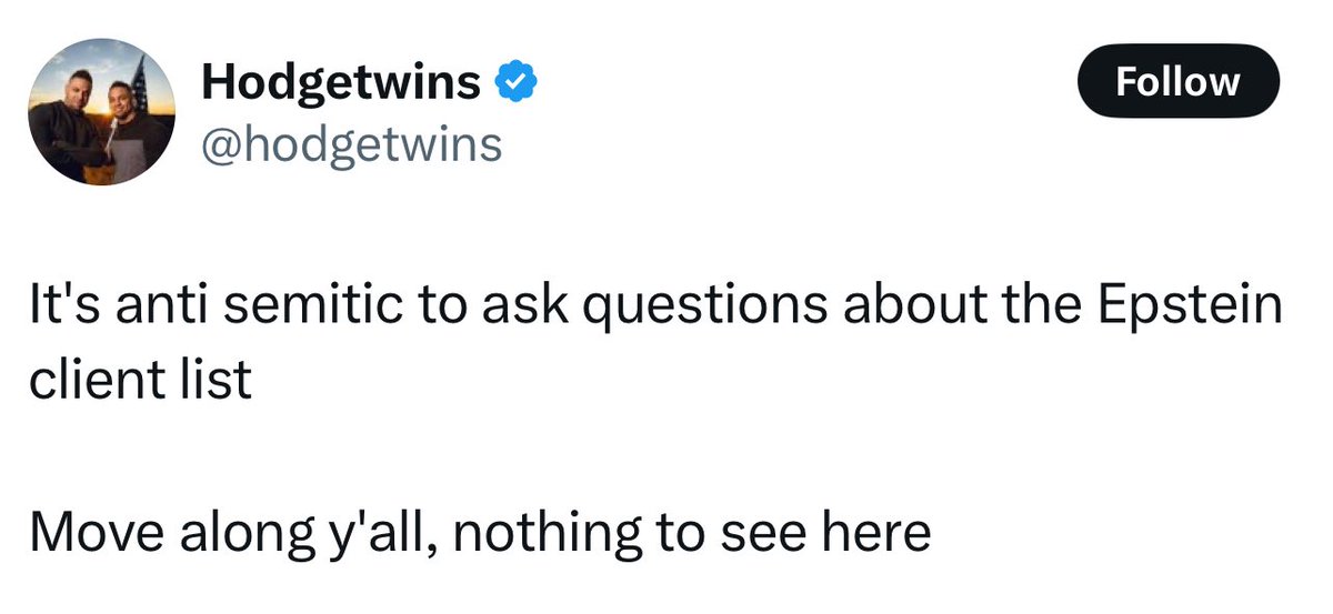 Myself and every single Jew I know in my life wants the client list published and for everyone on it to be arrested.

Nobody is calling you an antisemite for asking questions about it.

Shut the fuck up.