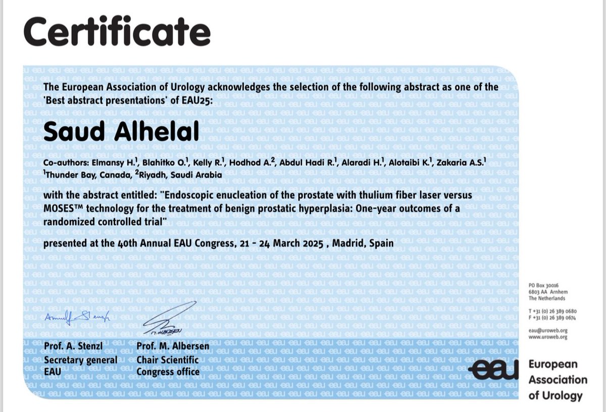 Dr Saud Alhelal (@drsalhelal) on Twitter photo Grateful that our RCT on MOSES vs TFL in EEP was chosen as one of the best abstract presentations at #EAU25. Honored to share the full paper now published in <a href="/pcan_journal/">Prostate Cancer and Prostatic Diseases</a> — big thanks to <a href="/hazemelmansy1/">Hazem Elmansy</a> and the rest of the team. #HoLEP #TFL #Urology #RCT
nature.com/articles/s4139… Grateful that our RCT on MOSES vs TFL in EEP was chosen as one of the best abstract presentations at #EAU25. Honored to share the full paper now published in <a href="/pcan_journal/">Prostate Cancer and Prostatic Diseases</a> — big thanks to <a href="/hazemelmansy1/">Hazem Elmansy</a> and the rest of the team. #HoLEP #TFL #Urology #RCT
nature.com/articles/s4139…