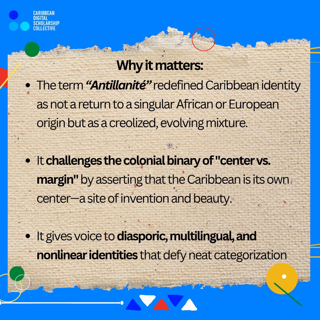 Academic Concept: Antillanité 

Antillanité is a philosophy rooted in creolization, hybridity, and relation. It embraces the Caribbean as its own center. 🌍

From Glissant to Condé, it’s Caribbeanness on its own terms. 🇲🇶📚🎬
#CaribbeanTheory #CDSC #DigitalHumanities