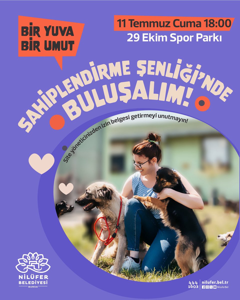 🐾 Bir Yuva, Bir Umut!
Sahiplendirme Şenliğimiz devam ediyor…

🗓️ 11 Temmuz Cuma
🕕 Saat: 18.00
📍29 Ekim Spor Parkı
